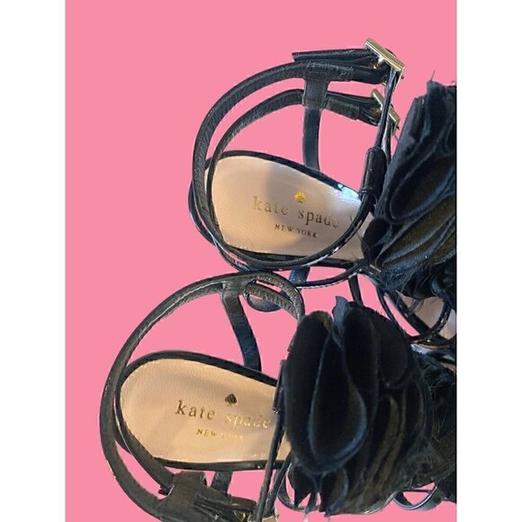Vintage Kate Spade Black Patent Leather Satin Rose Sandals size 6 Italian Straps - Picture 9 of 10